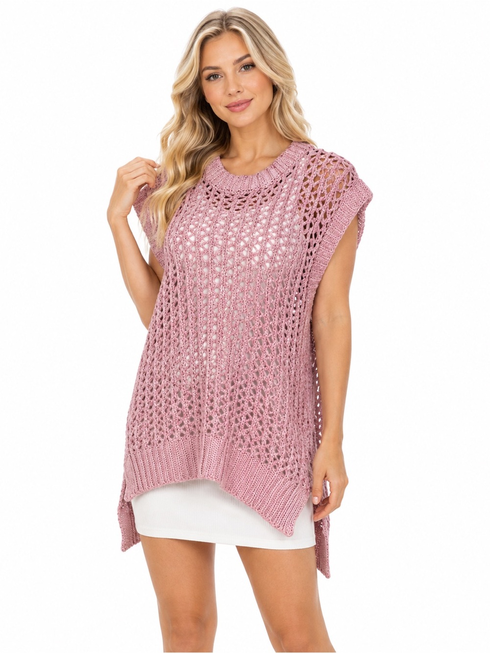NWT Umgee Size Medium Open Knit Sleeveless Wax Tunic Sweater - Pink